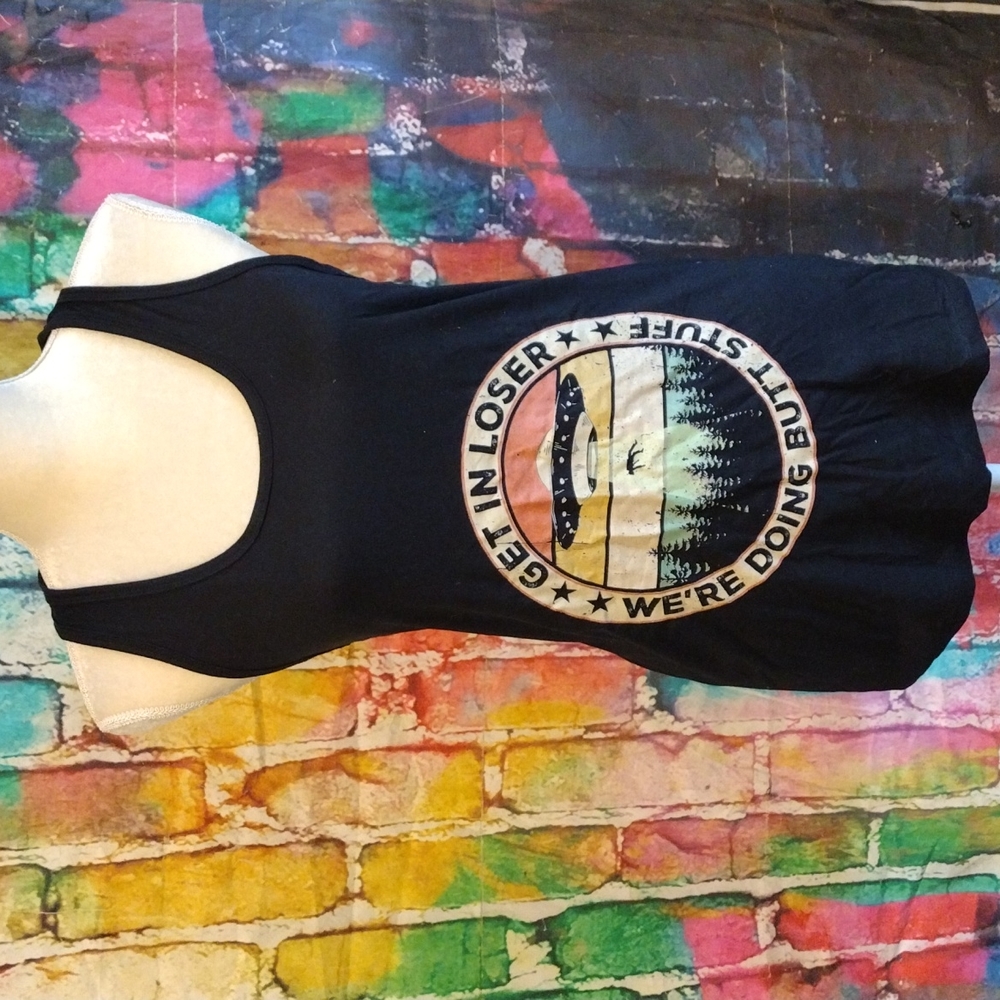 Next Level black Razorback " Get in loser we're doing Butt Stuff" Tank Top BNWT
